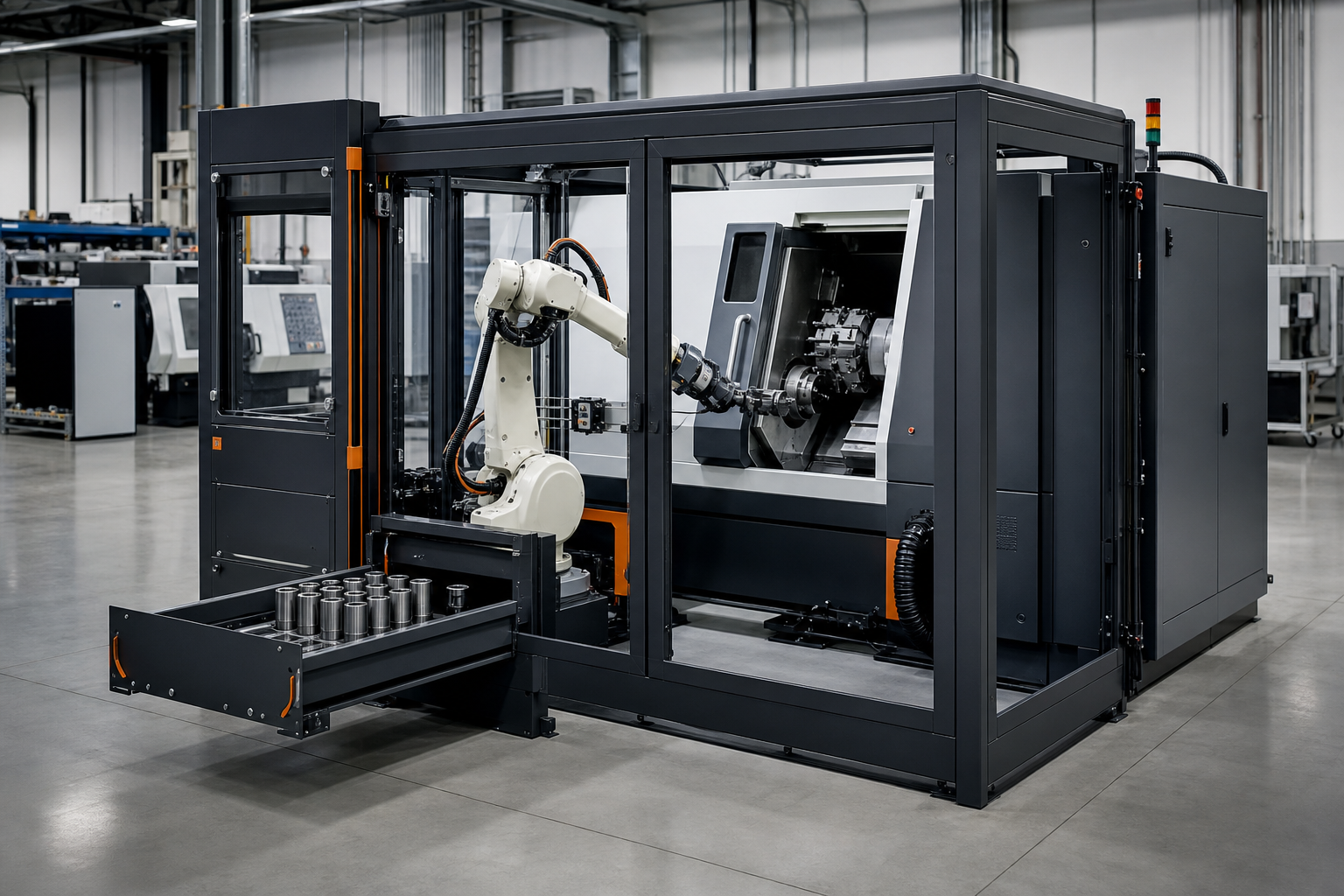 Modular robotic cell tending a CNC lathe