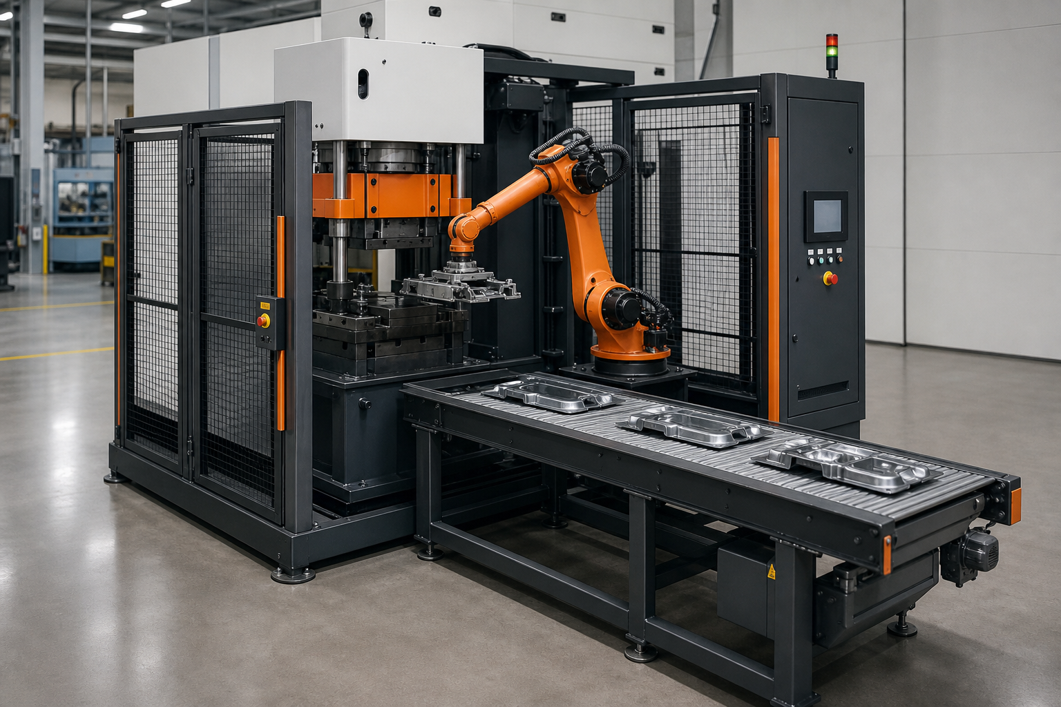 Guarded robotic press-tending cell with outfeed conveyor